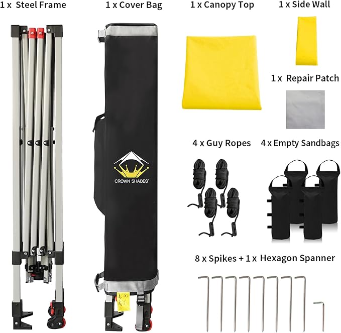 CROWN SHADES 8x8 Pop Up Canopy with 1 Side Wall - Beach Tent with One Push Setup - Outdoor Sun Shade for Events, Parties, Camping - Gazebo with STO-N-Go Cover Bag (Yellow)