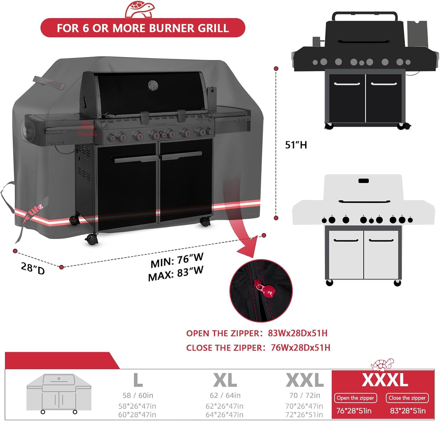 BBQ Grill Cover, 76-83 Inch Adjustable Heavy Duty Waterproof 6 or More Burner Barbecue Gas Grill Covers for Weber Summit Series Royal Gourmet MG Series, Black