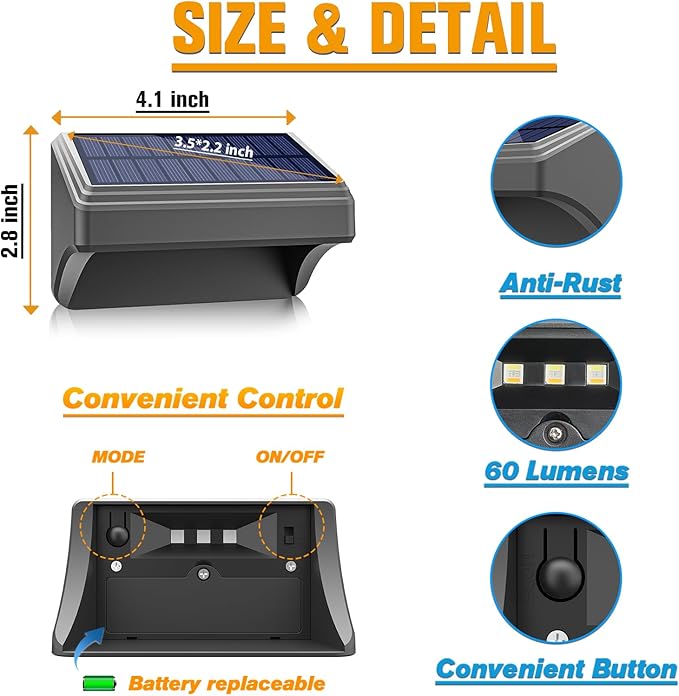 Aulanto Solar Fence Lights 4 Pack, Fence Solar Lights IP65 Waterproof Outdoor Lights,Warm White and 10 RGB Color Glow Modes, Solar Lights Outdoor Decor for Backyard,Garden,Fence,Wall,Deck,Stairs.