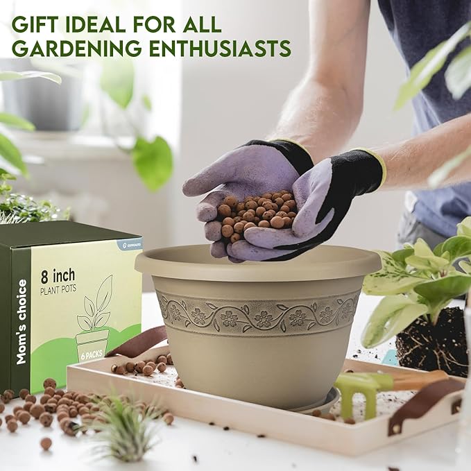 8 Inch Plant Pots with Drainage Hole - Lightweight Flower Pots for Herbs and Flowers - Home Decor Plastic Planters for Indoor Outdoor Plants- Pack of 6 (Brown, 8 inch)