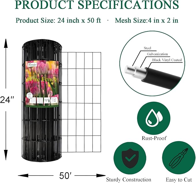 Black PVC Coated Welded Wire Fence 24 Inch x 50 Foot, 2 Inch x 4 Inch 14GA, Garden Border Fencing Roll Vinyl Coated Wire Mesh for Yard Vegetable Plant Protection Poultry Netting