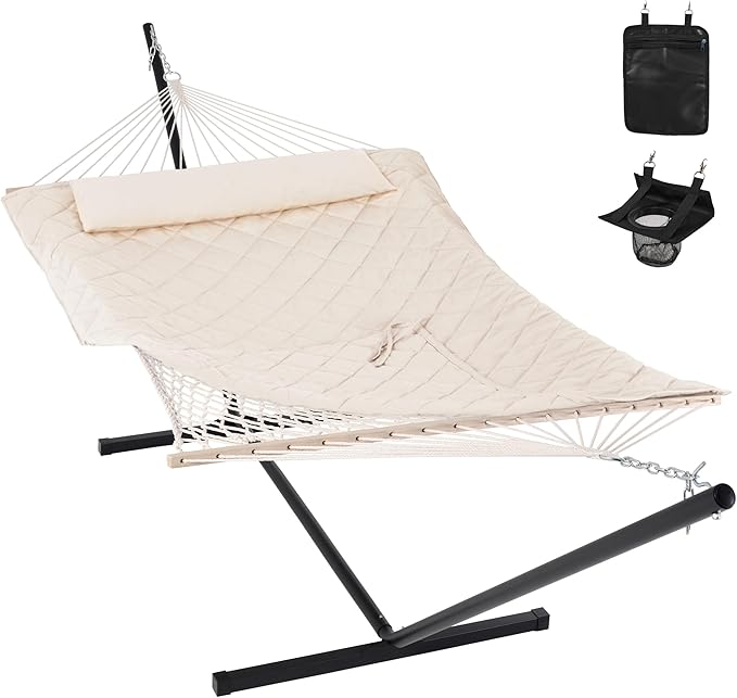 ANOW Heavy Duty Hammock with 12FT Steel Stand Included, Rope Hammock with Detachable Pillow and Pad, 450 LBS Weight Capacity, Cream