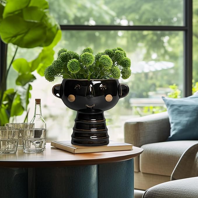 Face Planter - 7 Inch Ceramic Head Planters for Indoor Plants Outdoor, Cute Succulent Pots with Drainage Hole, Decorative Plant Pot, Home Office Room Decor, Black