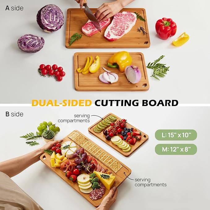 Butcher Block 2-Pcs Carbonized Bamboo Cutting Board Set With Juice Groove For Meal Prep & Cheese Serving - Ideal Kitchen Gift Set of 2 (M+L)