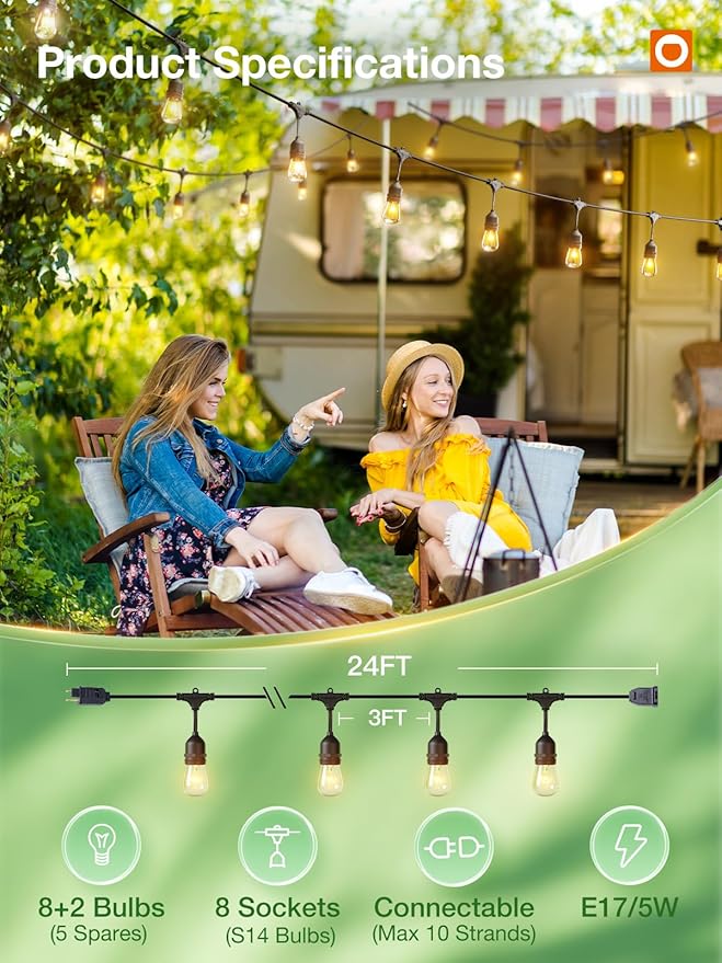 addlon 24FT Outdoor String Lights Commercial Grade Weatherproof Strand Edison Vintage Bulbs, ETL Listed Heavy-Duty Decorative Café Market Patio Lights for Bistro Classic Black