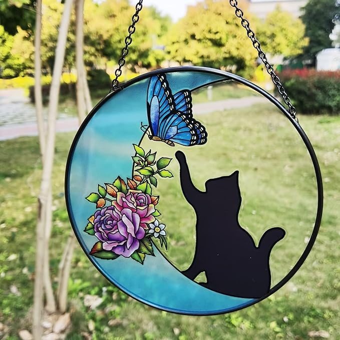 Cat Stained Glass Butterfly on Moon Gifts, Handcrafted Suncatchers Black Cat for Stained Glass Window Hangings, Cat Gifts for Cat Lovers, Painted Glass Panel Decor Funny Cat Themed Gift