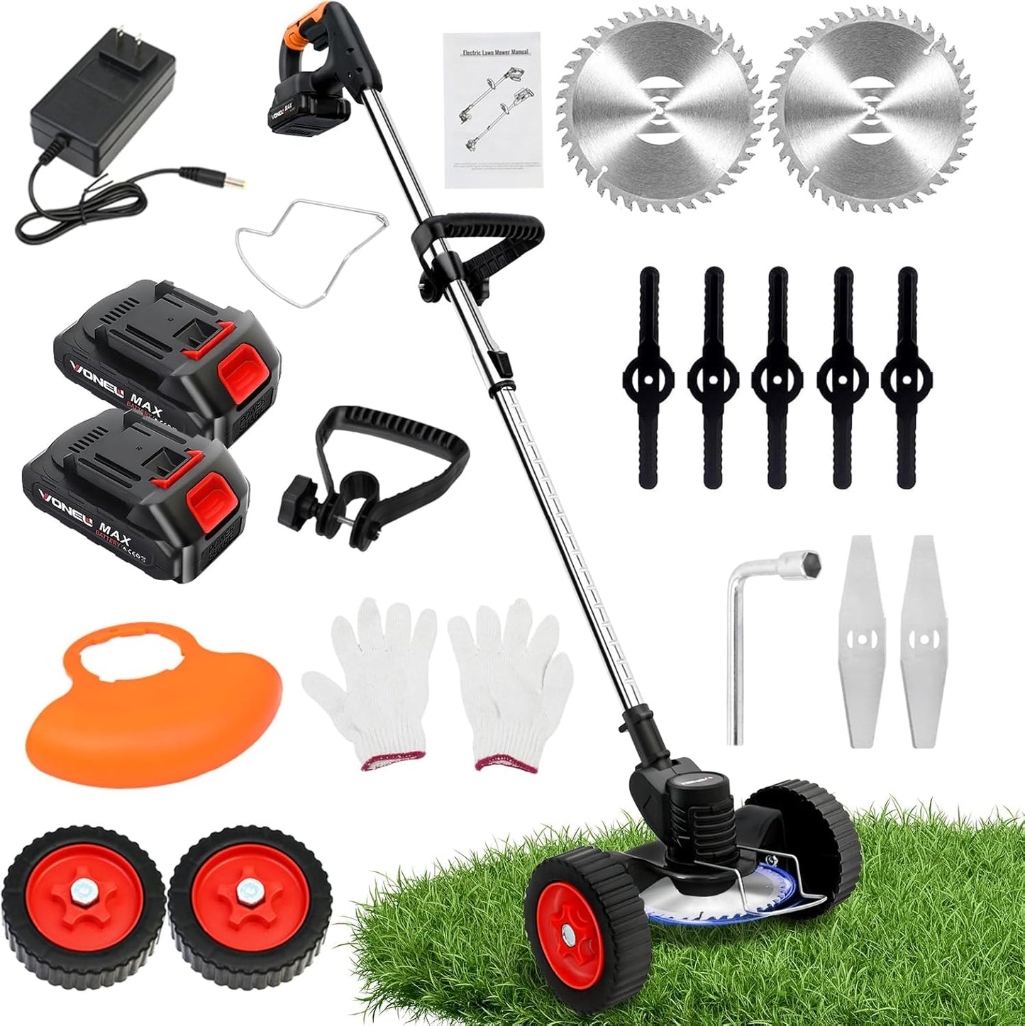 ALSO GO 21V Electric Weed Eater with Wheels,Cordless Battery Weed Wacker with Charger, 3 in 1 Brush Cutter/String Trimmer/Grass Trimmer/Lawn Mower,Edger for Garden and Yard Lawn,2 Batteries Include