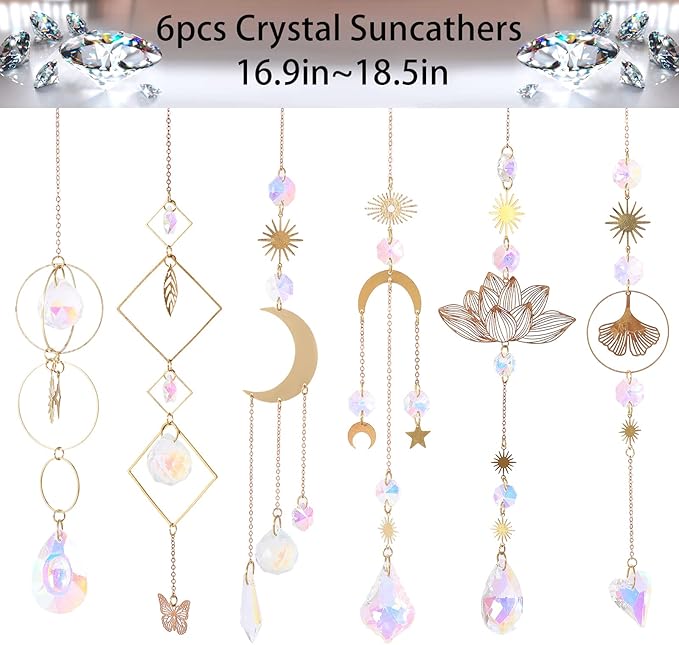 6Pieces Colorful Crystals Suncatcher Hanging for Window Crystal Ball Prism Rainbow Maker Pendants for Garden Christmas Tree Wedding Party Patio Backyard Car Home Indoor Outdoor Decoration
