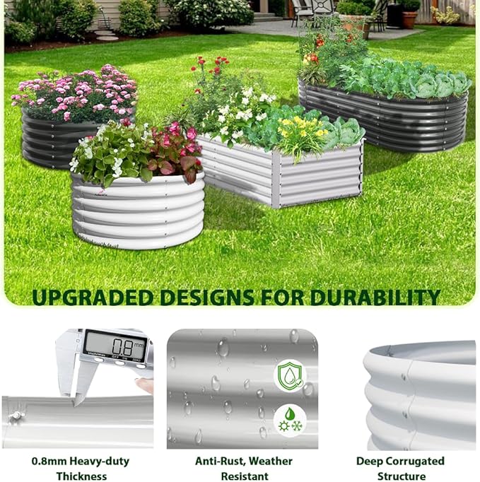 A ANLEOLIFE 2-Pack 4ft x 18” Tall Galvanized Raised Garden Beds Outdoor, Round Metal Planter Box for Planting Vegetables Flowers Herb, Anti-Rust & Easy-Setup, Antique White