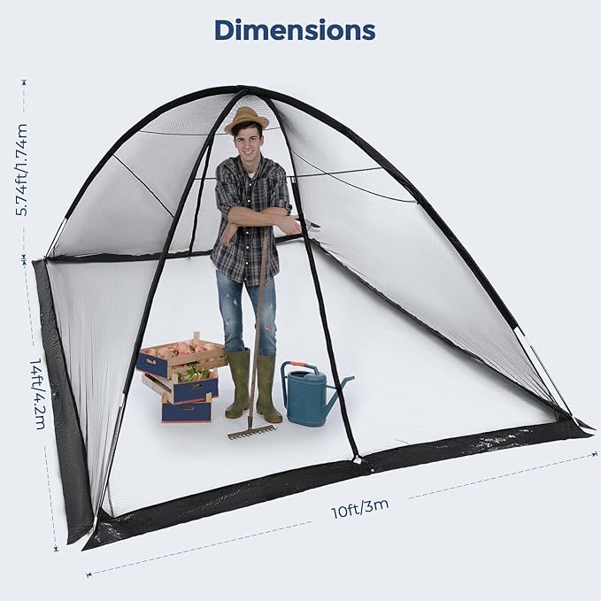 DEERFAMY Pond Net Dome, 10×14 FT Pond Cover with 2 Doors, Pond Mesh Tent with 4 Ropes, 16 Stakes, and Fiberglass Poles, Pond Netting for Koi, Outdoor Ponds, Pool and Gardens, Black