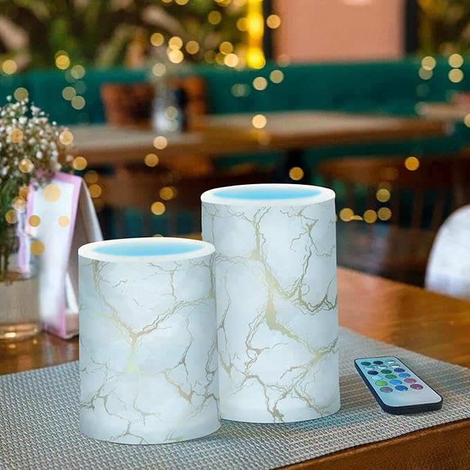 Flickering Flameless Candles, Marble Gray White Golden Texture LED Candles with Remote Timer, Set of 2 Battery Operated Candle for Valentine Wedding Birthday