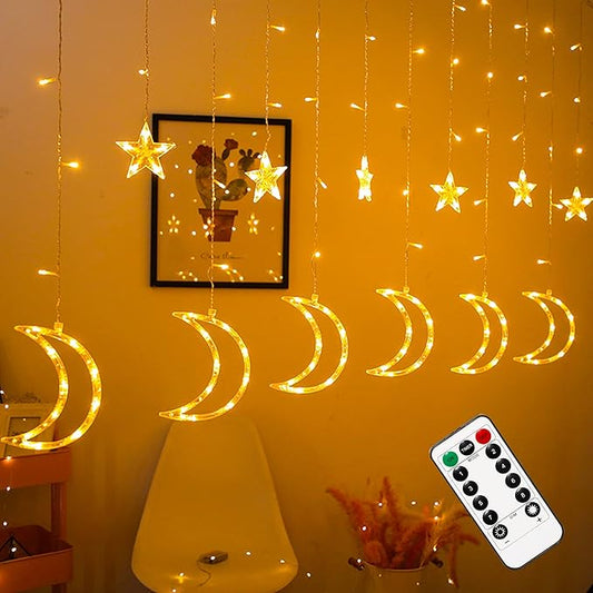 Dazzle Bright Ramadan Curtain String Lights, 138 LED 6.7ft x 3.2ft Warm White Star Moon 8 Lighting Modes Fairy Lights with Remote for Bedroom Wall, Wedding, Outdoor Party, Ramadan Decorations