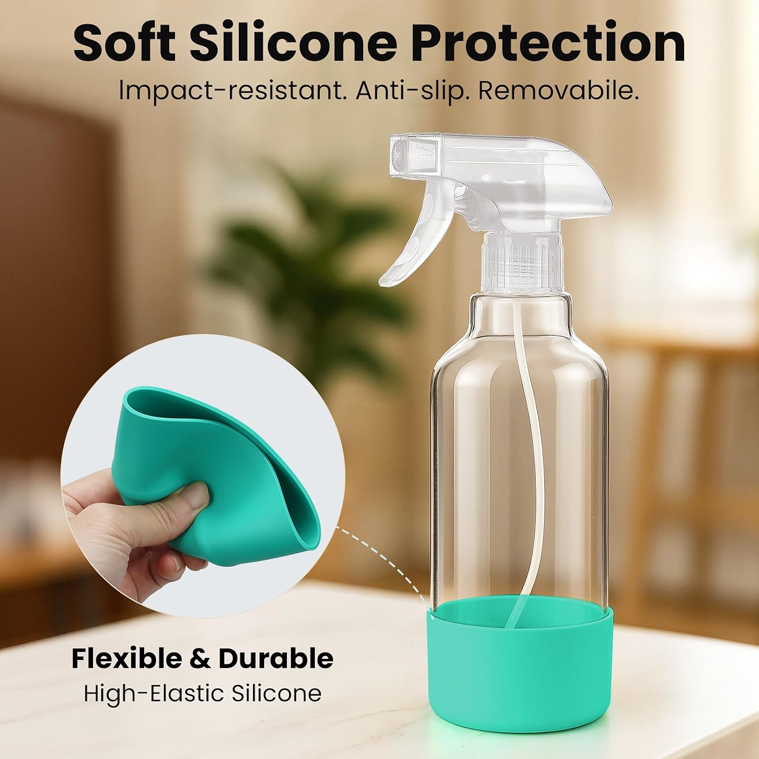 Glass Spray Bottles with Silicone Sleeve 16.9oz 2 Pack Empty Spray Bottle for Hair Mist/Stream Spraying for Cleaning Solutions, Plants, Essential Oils (clear-green&grey)