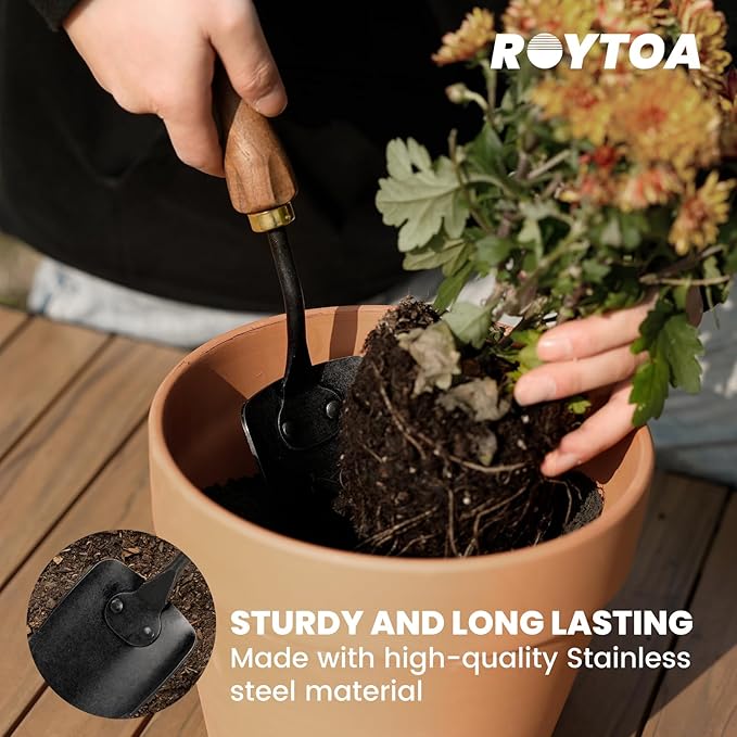 Garden Tool Set,5Pcs Gardening Tools,Stainless Steel Heavy Duty Hand Cultivator, Hoes，Shovel, Trowel and Weeder with Ergonomics Walnut Handle，Gardening Gifts for Women