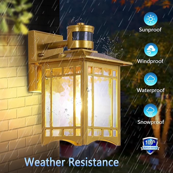 Dusk to Dawn Motion Sensor Light, Outdoor Light Fixture, Golden Wall Sconce Lighting, Front Porch Light, Exterior Lights for House Patio, Outside Door Lights, Wall Mount Anti-Rust Lantern