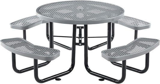 Global Industrial 46" Round Picnic Table, Expanded Metal, Gray Thermoplastic Coating, Attached Benches, 1-1/2” Umbrella Pole Hole, Outdoor-Rated, 1000 lb Capacity