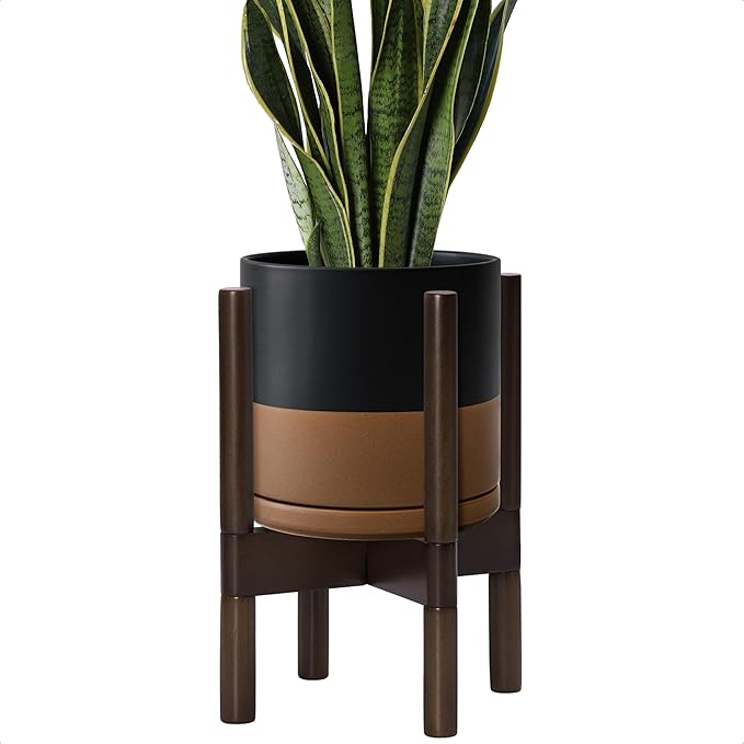 D'vine Dev Ceramic Planter with Walnut Color Stand - 8 Inch Modern Round Flower Pot with Wood Planter Holder, Black/Speckled Tan, 55-B-Y-7