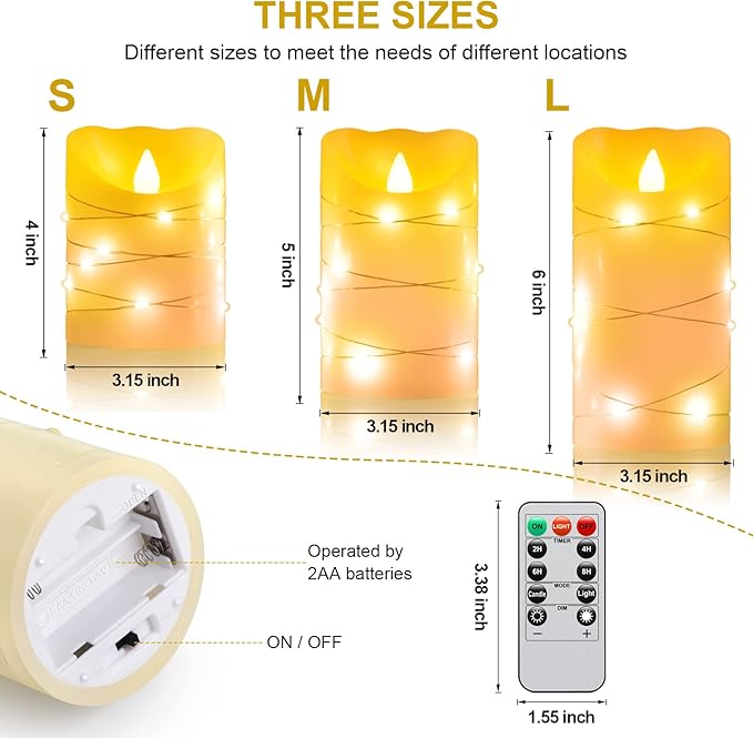 Flameless Flickering Candle, Pillar Candle,with Embedded String Lights,3 Pack LED Romantic Candle with Remote Control, Battery Operated Real Wax, Ideal for Wedding, Home decorand Holiday (Ivory)