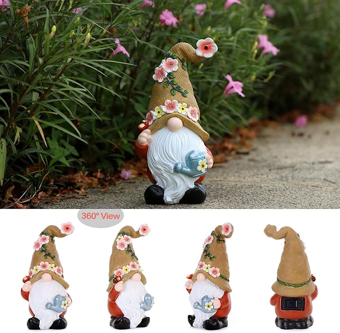 Garden Gnomes in The Hat Stood -Solar Resin Spring Bee Gnome Figurine Statue Garden Lights Outdoor Decorations Waterproof for Patio,Yard,Lawn,