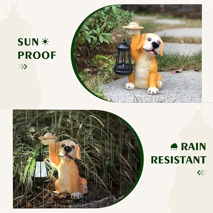 Garden Dog Statues - Adorable Resin Dog Figurines with Straw Hat and Solar LED Lantern, Puppy Decorations Outdoor Solar Light for Yard Patio Lawn Porch, Ornament Gift