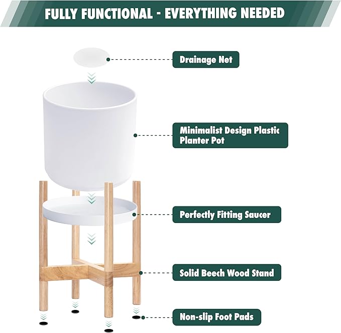 D'vine Dev Planter Pot with Stand - 10 Inch Plastic Cylinder Flower Pot with Wood Planter Holder for Indoor, Matte White Pot + Natural Stand, 55-C-M-1