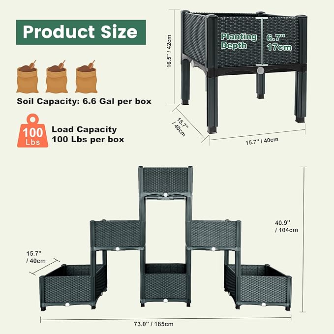 Emalie Raised Garden Beds Elevated Plastic Planter Box with Drainage Plugs Perfect for Vegetables Flowers Herbs Growing Outdoor, 73.0" Lx15.7 Wx40.9 H Grey
