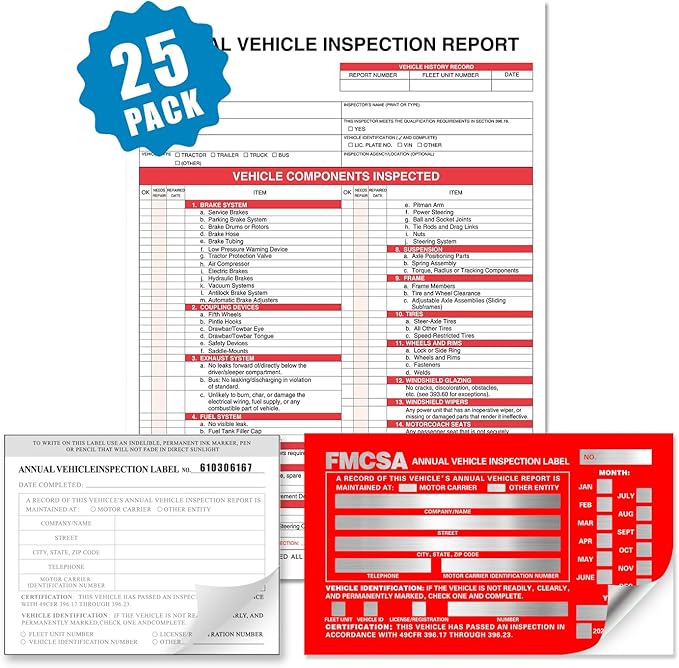 Annual Vehicle Inspection Report Form with Red Exterior Aluminum Inspection Label (6"x3.5"), and White Interior Inspection Label (5"x4") 25-pk
