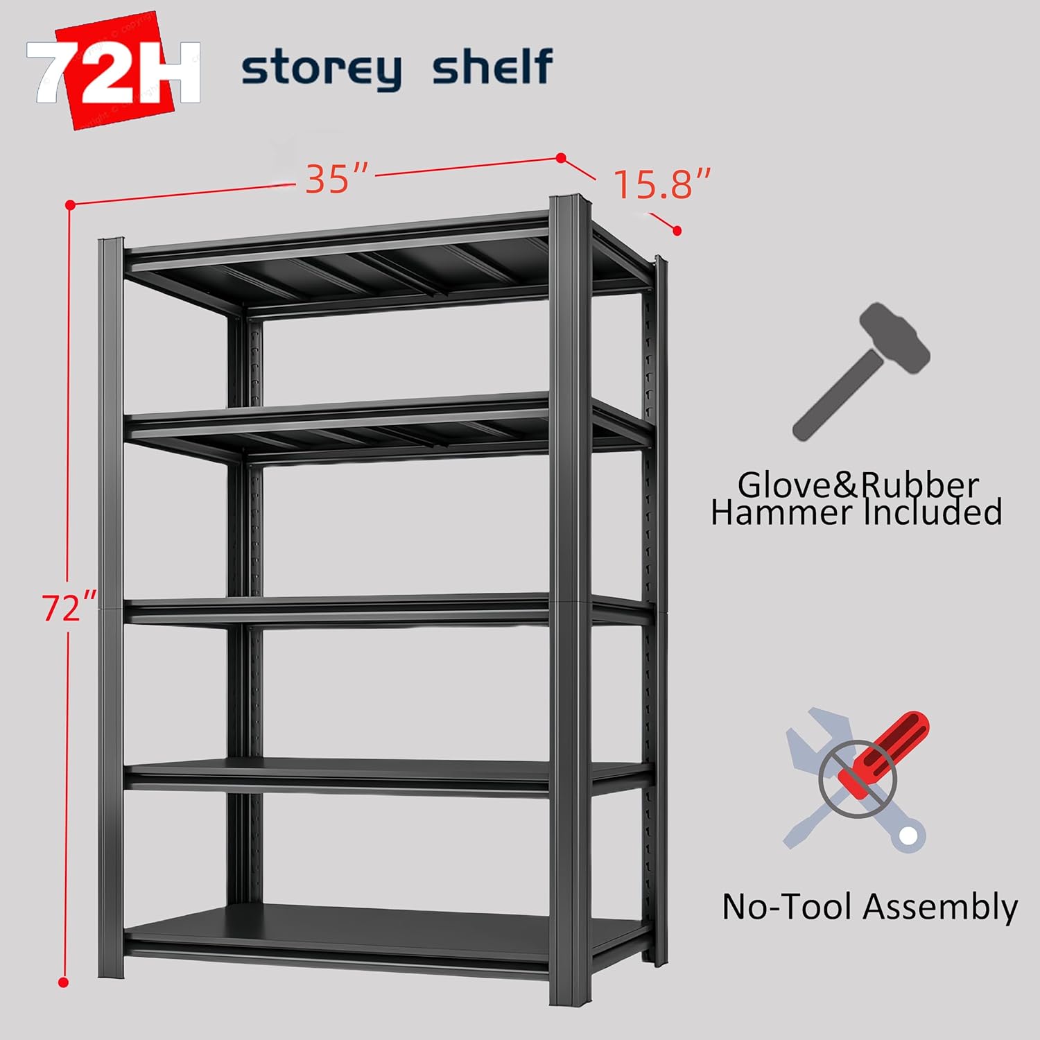 5-Tier 35" W x 15.8" D x 72" H Garage Shelving 3000LBS Storage Shelves Heavy Duty Metal Shelf Unit Adjustable Basement Industrial Storage Racks