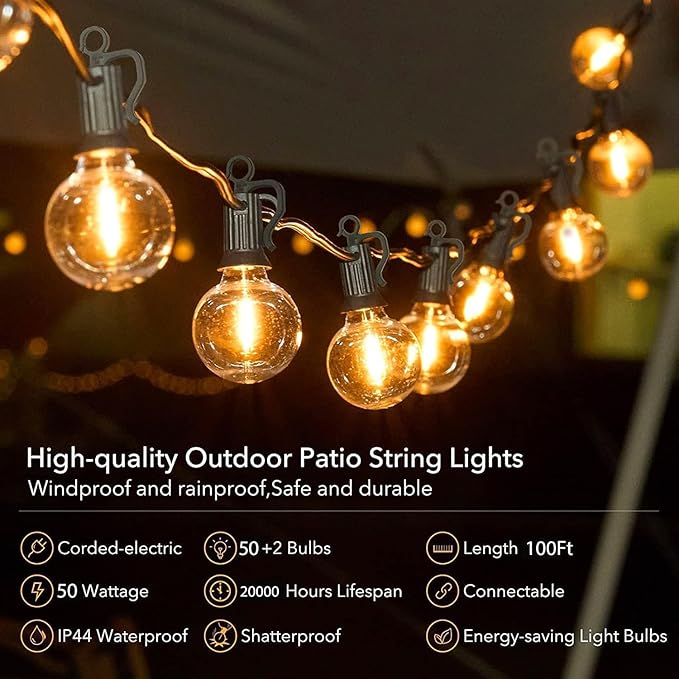 Brightown Outdoor String Lights - 100 FT Patio Lights with 50 LED G40 Globe Plastic Bulbs, All Weatherproof Connectable Commercial Hanging Light for Outside Backyard Porch Cafe