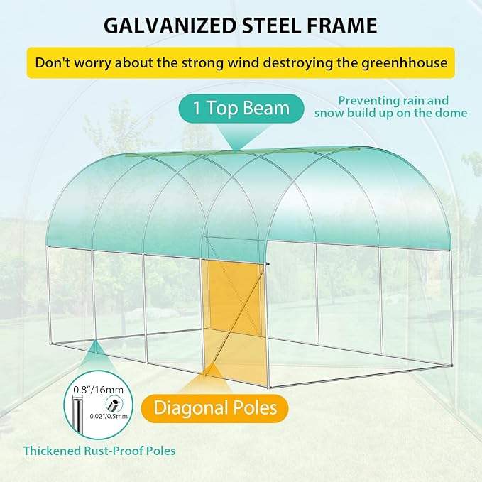 Compact Greenhouse Kit 7'x15'x7' with Galvanized Frame, 140G Green PE Cover, 1 Door & 8 Windows for Outdoor Gardening