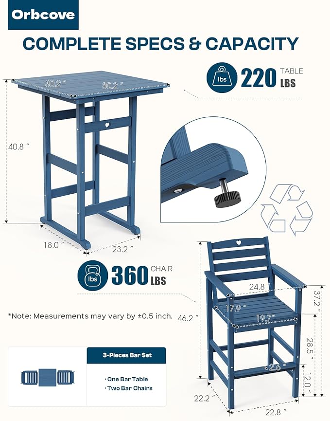 5-Piece Bar Height Outdoor Table and Chairs Set, HDPE Wood Grain Patio Bar Table and Chairs with Heart Cutout Design, Weather-Resistant Bar Height Furniture for Deck, Porch, Pool (Navy Blue)
