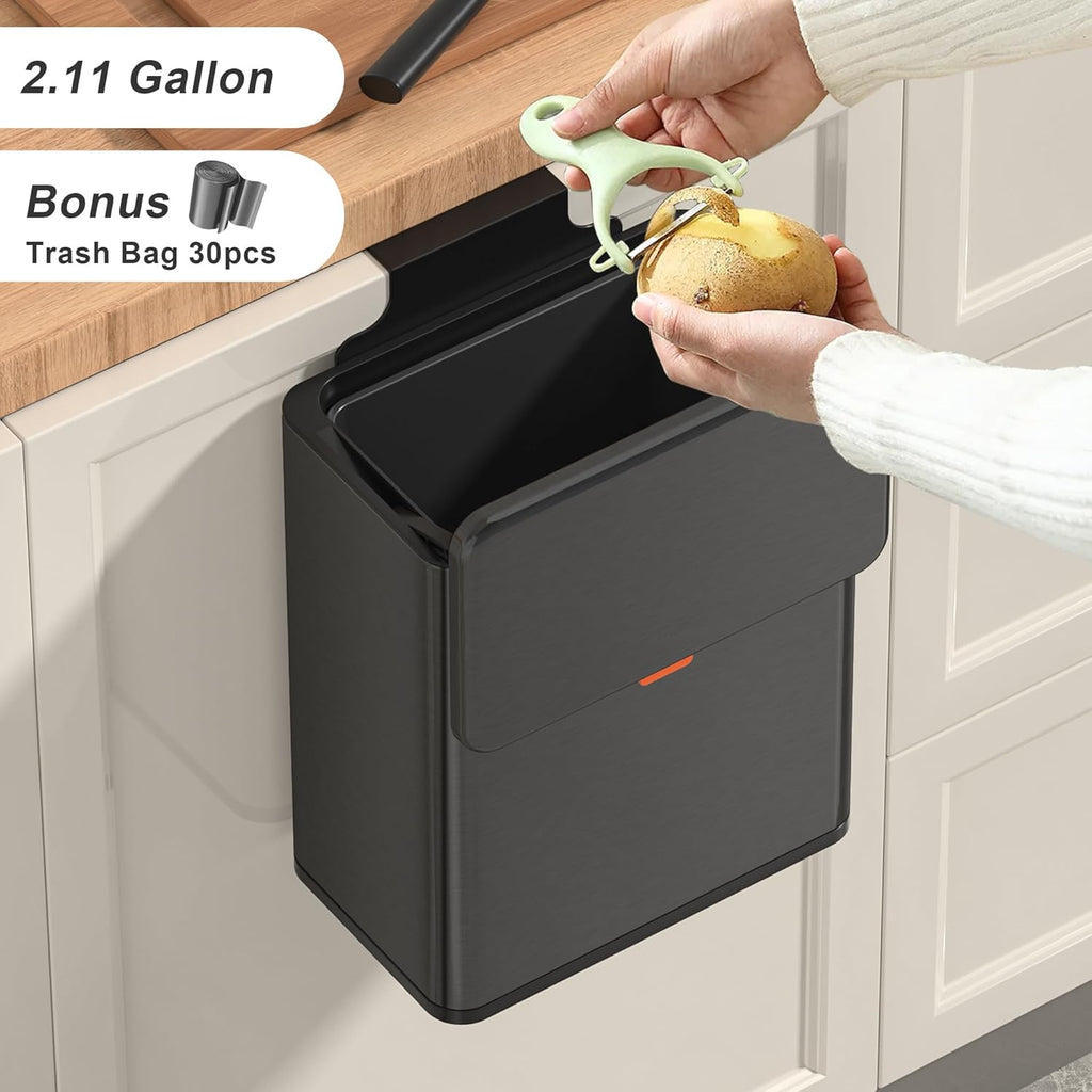 Mbillion Kitchen Compost Bin Hanging Trash Can with Lid 2.1 Gallon Stainless Steel Garbage Can for Kitchen Cabinet Door Mounted Trash Can Under Sink Door RV Bathroom,Brushed Black