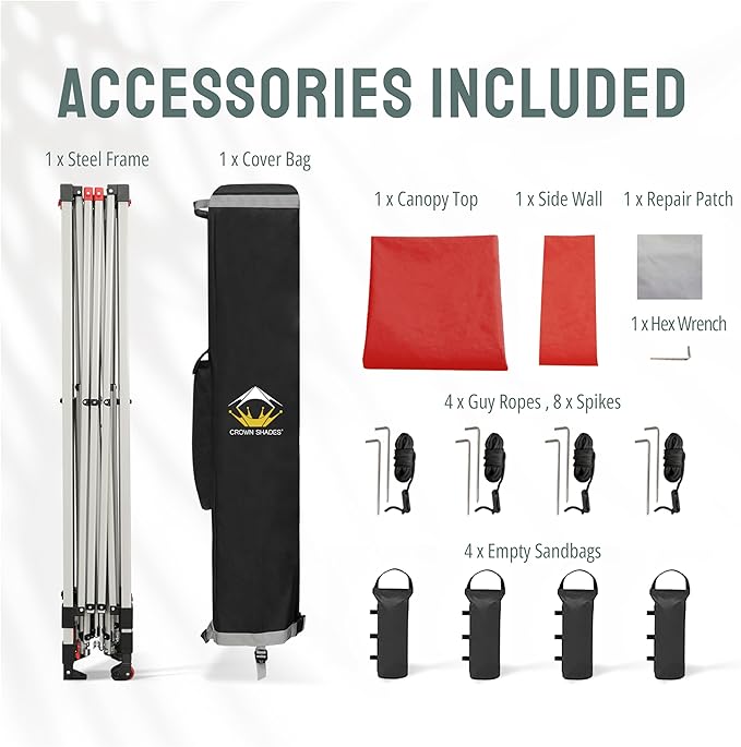 CROWN SHADES 12x12 Pop Up Canopy Tent Instant Commercial with 150D Silver Coated Fabric Including 1 Removable Sidewall, 4 Ropes, 8 Stakes, Weight Bags, STO 'N Go Bag, Red