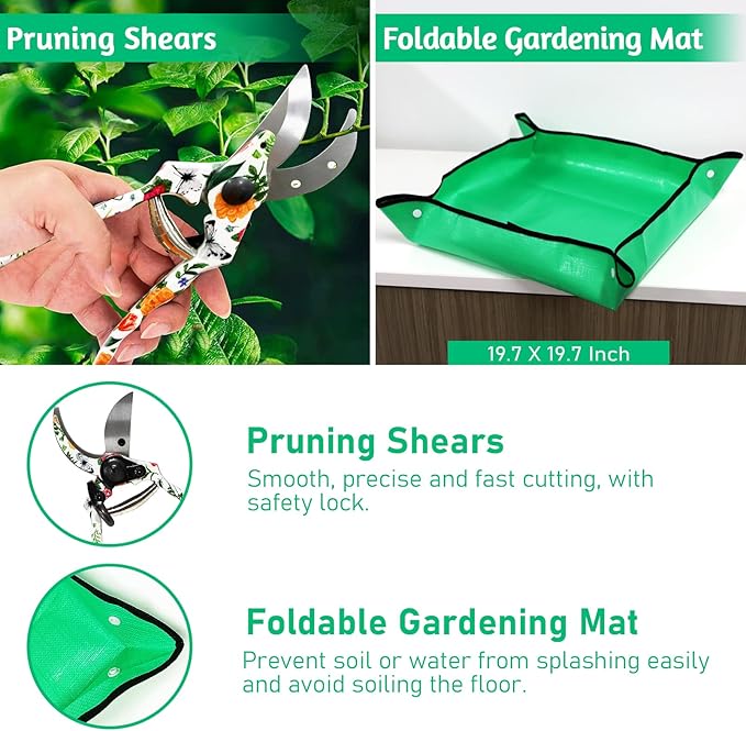 Garden Tool Set, 4 PCS Heavy Gardening Kit Heavy Duty Floral Hand Tools, Fancy Gifts for Women, Including Trowel, Sharp Pruner, Hand Rake, and Mat (White Set)