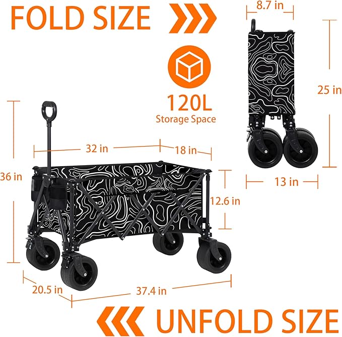 Collapsible Wagon with Big Wheels, Wagons Carts Foldable 400LBS Large Capacity, Heavy Duty Utility Cart Grocery Wagon w/Side Pockets and Brakes, All-Terrain Beach Cart for Camping, Sports, Shopping