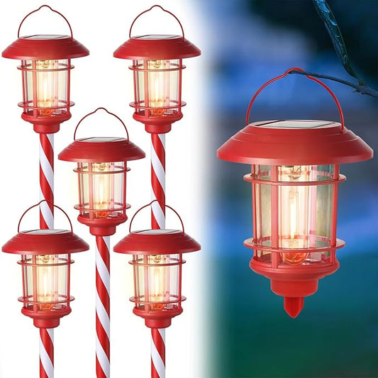 Dynaming 6 Pack Dual Use Solar Christmas Path Lights Outdoor, Hanging Lantern Solar Garden Light with Edison Bulb, Xmas Pathway Markers, Auto On/Off Candy Cane Lights for Patio Yard Walkway Driveway