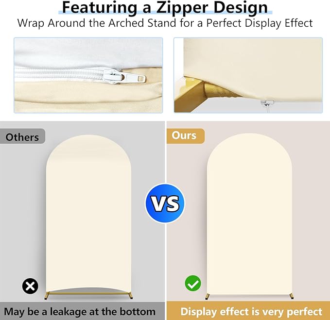 Hemmotop White and Beige Wedding Arch Backdrop Cover, Set of 2 (7.2ft, 6ft), 2 Sided Stretchy Spandex Fitted Balloon Arch Stand Backdrop for Birthday Party, Baby Shower, Double Color