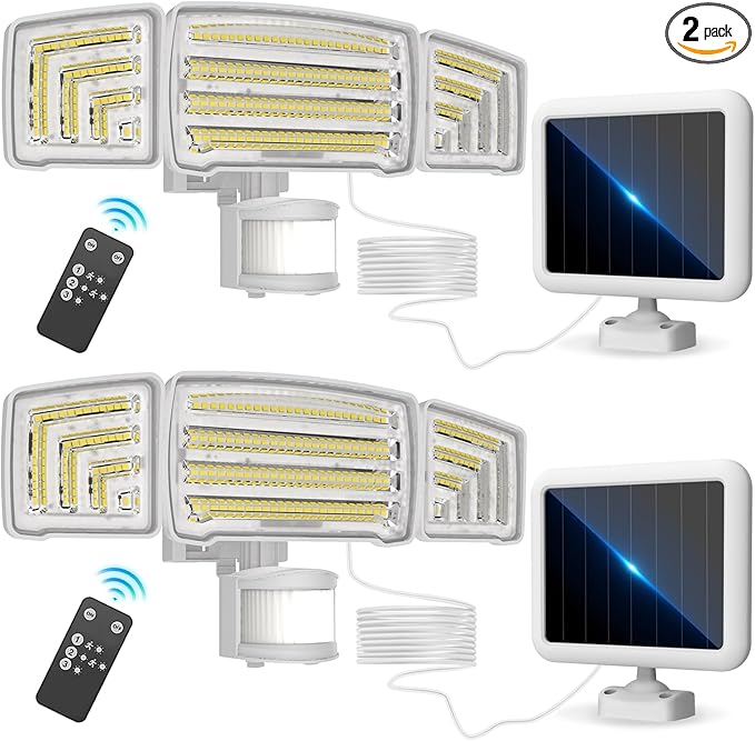 Energetic Solar Outdoor Lights, 1800LM 150 LED Security Motion Sensor Outdoor Lights with Remote Control, IP65 Waterproof Floodlight, 3 Head Motion Detected Spotlight for Garage, Pack of 2 (White)