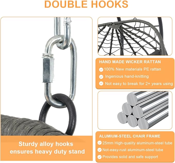 Double Egg Swing Chair with Stand, 2 Person Outdoor Indoor Hammock Hanging Chair with Cushion,Patio Wicker Hanging Egg Chair w/Cushion 700LBS Capacity for Bedroom, Balcony, Garden