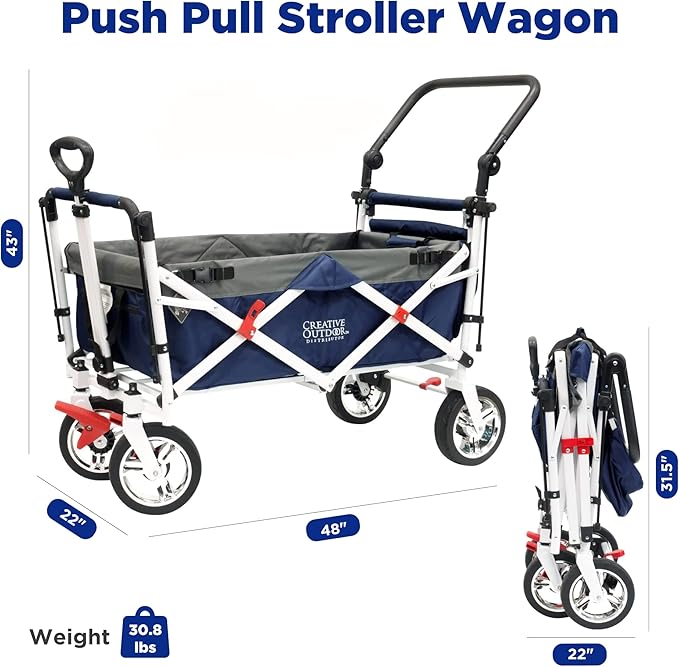 Creative Outdoor Wagon for Kids Push Pull Collapsible Stroller Folding Cart | Silver Series | Beach Park Garden & Tailgate | Navy Blue