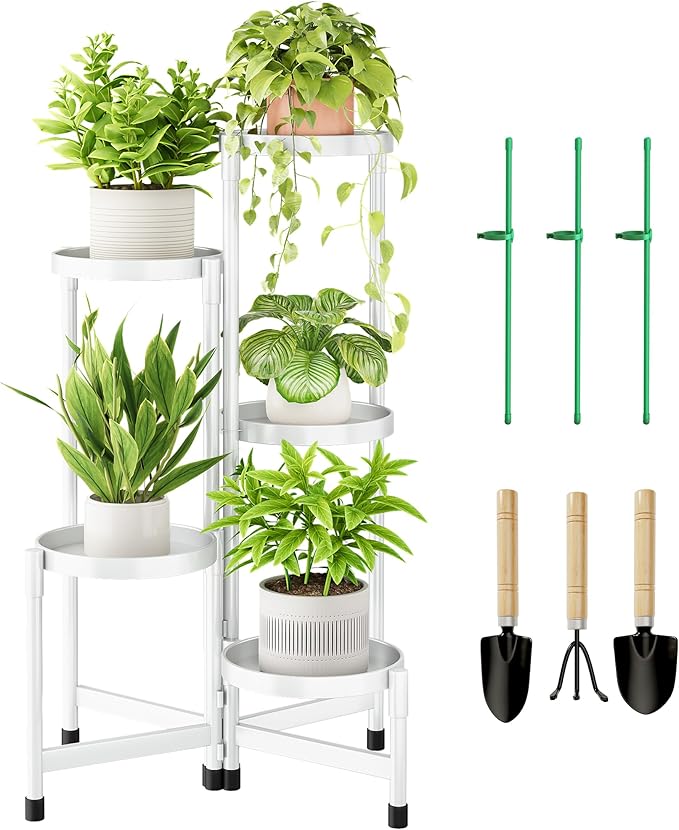5 Tier Metal Plant Stand Indoor, Rotatable Corner Plant Shelf Outdoor, Tiered Flower Pot Display Stand, Black Multiple Plants Holder for Patio Living Room Balcony Garden Home Decor - White