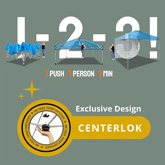 CROWN SHADES 10x10 Pop Up Canopy with 1 Side Wall - Beach Tent with One Push Setup - Outdoor Sun Shade for Events, Parties, Camping - Gazebo with STO-N-Go Cover Bag (Sky Blue)