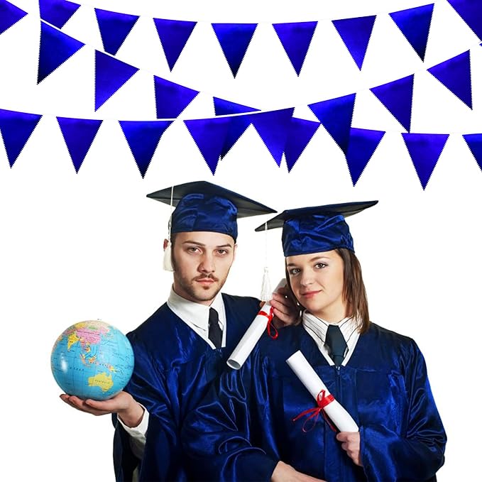 Royal Blue Party Decoration Navy Blue Triangle Pennant Banner Flag Dark Blue Metallic Fabric Bunting Garland for Graduation Wedding Retirement Bridal Shower Birthday Nautical Ahoy Achor Party Supplies