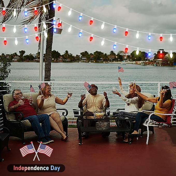 4th of July Decorations Lights, 25Ft C7 Outdoor Red White and Blue String Lights with 27 Shatterproof LED Bulbs, Hanging Patriotic Decorations Light for Indoor Independence Day Patio Garden Backyard