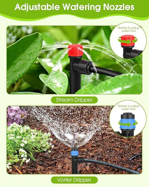 Drip Irrigation System Kit - Garden Watering System with 16FT 1/2'' & 79FT 1/4" Irrigation Tubing Parts - Automatic Irrigation Sprinkler Equipment for Raised Beds, Plants, Garden, Lawn, Greenhouse