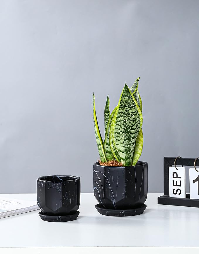 Black Plant Pot with Drainage Holes and Saucers, Ceramic Pots for Indoor Outdoor Plants, 4 & 5 Inch Premium Hand Glazed Sustainable Planters for Flower, Garden, Succulent, Nursery, Home Decor