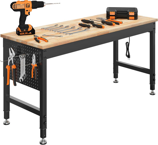 60" Adjustable Heavy Duty Workbench, 2000 LBS Load Capacity Rubber Wood Work Table with Pegboard, Power Outlets, Work Bench for Garage, Workshop, Office, Home, Commercial