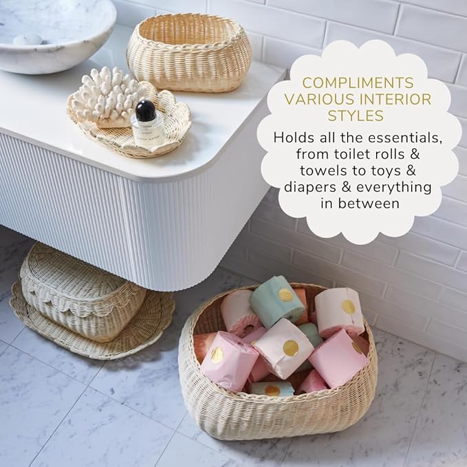 BEBE BASK Large Scalloped Basket Set Of 3 - Hand-Woven & Award-Winning Scallop Basket - XL - Extra Large for Blankets 22 x 16 x 10 In - Elegant Wicker With Scalloped Edge Lid (Natural)