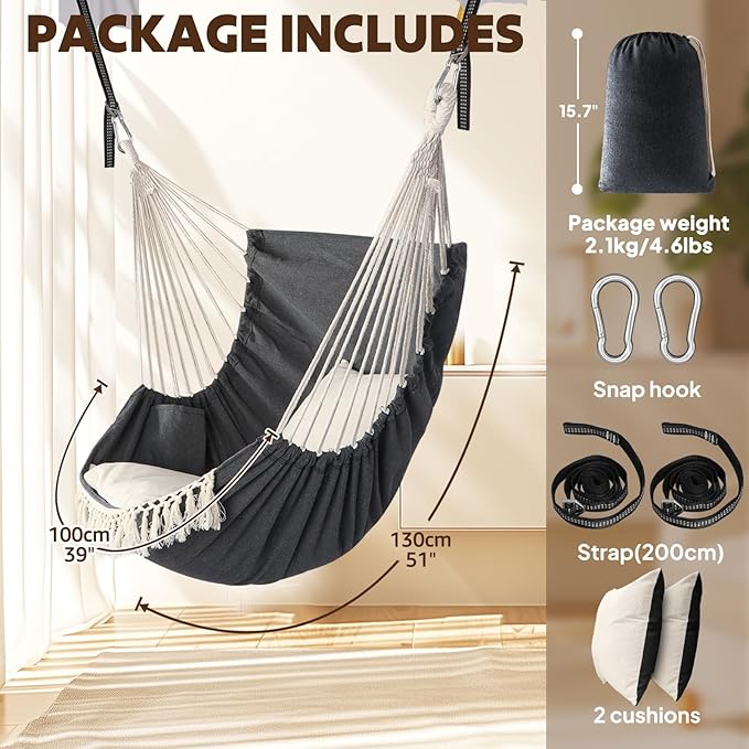 Chihee Hammock Chair Hanging Swing 2 Pillows Included,Strong Webbing Straps and Hooks for Easy Hanging Soft Cotton Hanging Chair Side Pocket Tassel Chair Comfort Indoor Outdoor Dark Grey
