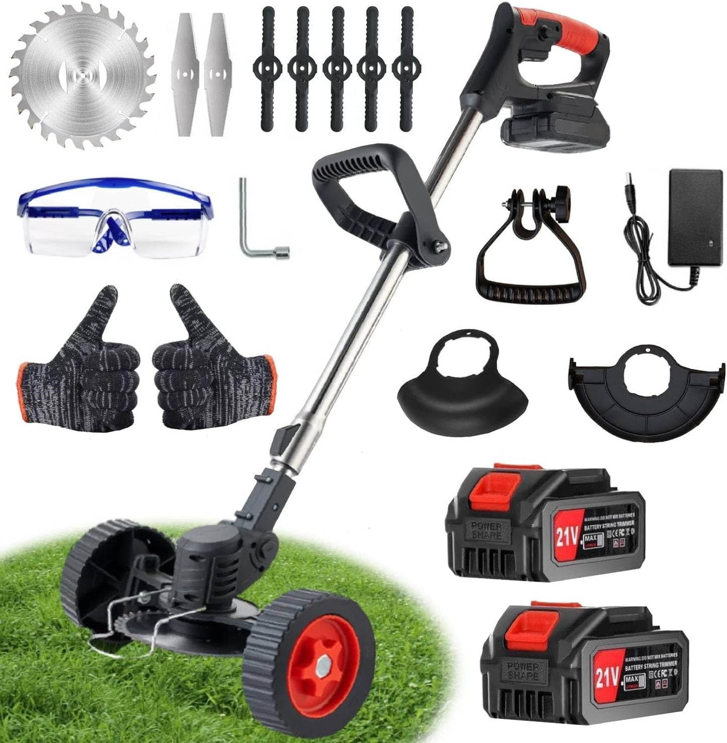 Electric Weed Wacker with Wheel, 21V Cordless Weed Eater with 2 x Batteries & 1 Charger, 3 in 1 Grass String Trimmer/Brush Cutter/Edger, Stringless Lightweight Weed Trimmer for Garden, Yard and Lawn